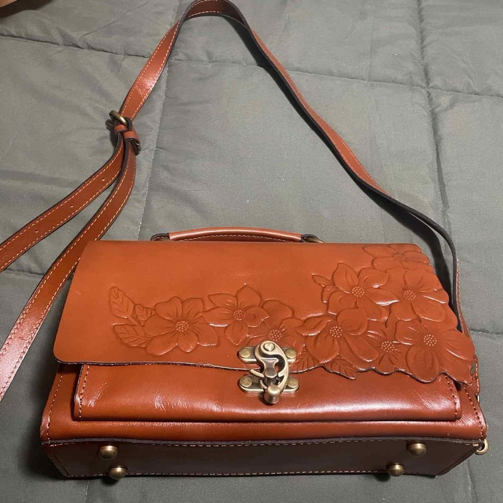 Embossed Floral Tan Leather Crossbody Bag